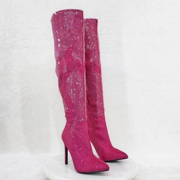 NIB Like It Hot Fuchsia Rhinestone Flame Detail Sexy OTK High Heel Thigh Boots - Picture 11 of 12